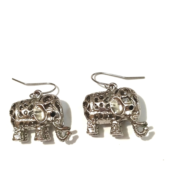 VINTAGE FILIGREE SILVER-TONE ELEPHANT DROP DANGLE HOOK 1" EARRINGS - Picture 4 of 9